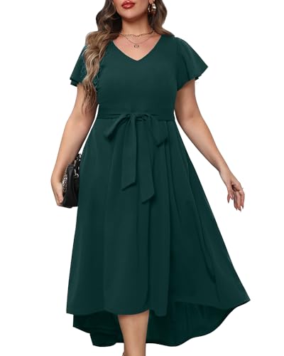 Damen Plus Size High Low Flatterärmel Hochzeit Gast Semi Formal Maxi Langes Kleid mit Taschen, Dunkelgrün, 52 Mehr von Pinup Fashion