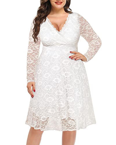 Damen Plus Size Hochzeit Gäste Kleider Cocktail Schwarz Wickelspitze Herbst Formal Langarm Knielang Abend Party Kleid, Weiss/opulenter Garten, 48 Mehr von Pinup Fashion