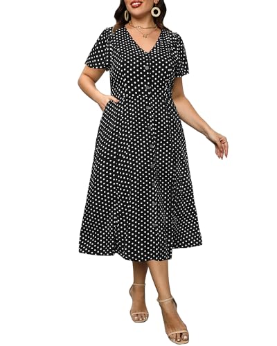 Damen Plus Size Knopfleiste vorne Blumendruck Kurze Rüschen Ärmel Taschen Sommer Midi Flowy Sommerkleid, Schwarz, 46 Mehr von Pinup Fashion