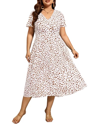 Damen Plus Size Knopfleiste vorne Blumendruck Kurze Rüschen Ärmel Taschen Sommer Midi Flowy Sommerkleid, Weiss/opulenter Garten, 50 Mehr von Pinup Fashion