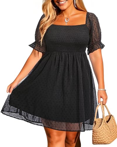 Damen Plus Size Puffärmel quadratischer Ausschnitt kurzes Sommer-Sommerkleid Chiffon Swiss Dot fließendes gesmoktes Kleid, Schwarz, 56 Mehr von Pinup Fashion