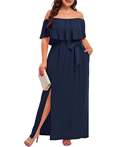 Damen Plus Size Schulterfrei Maxi Schlitz Rüschen mit Taschen Cocktailkleid, marineblau, 46 Mehr von Pinup Fashion