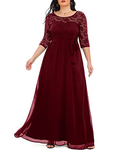 Damen Plus Size Spitze Chffon Lang Maxi 3/4 Ärmel V-Rücken Formal Kleid, Burgunder, 52 Mehr von Pinup Fashion