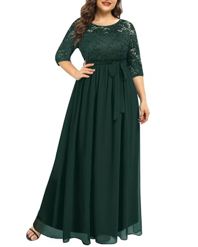 Damen Plus Size Spitze Chffon Lang Maxi 3/4 Ärmel V-Rücken Formal Kleid, Grün , 52 Mehr von Pinup Fashion