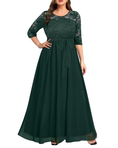 Damen-Maxikleid mit Spitze, Chffon, lang, 3/4-Ärmel, V-Rücken, formelles Kleid, Grün , 22 Plus, Classic von Pinup Fashion