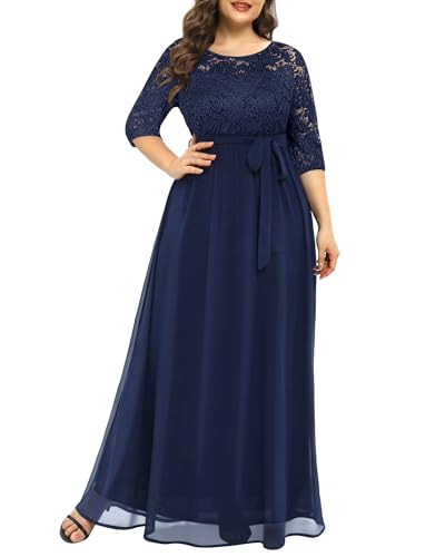 Damen Plus Size Spitze Chffon Lang Maxi 3/4 Ärmel V-Rücken Formal Kleid, Marineblau, 52 Mehr von Pinup Fashion