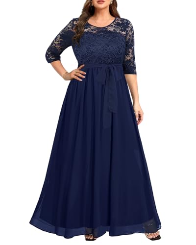 Damen-Maxikleid mit Spitze, Chffon, lang, 3/4-Ärmel, V-Rücken, formelles Kleid, Marineblau, 22 Plus, Classic von Pinup Fashion
