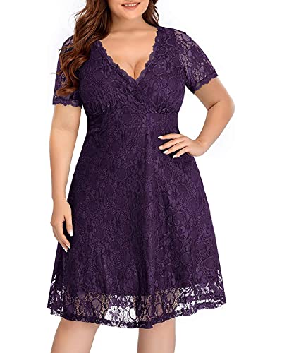 Damen Plus Size Spitze Hochzeit Gäste Cocktail Formal Wrap V Ausschnitt Kurzarm Midi Kleider, Violett, 52 Mehr von Pinup Fashion