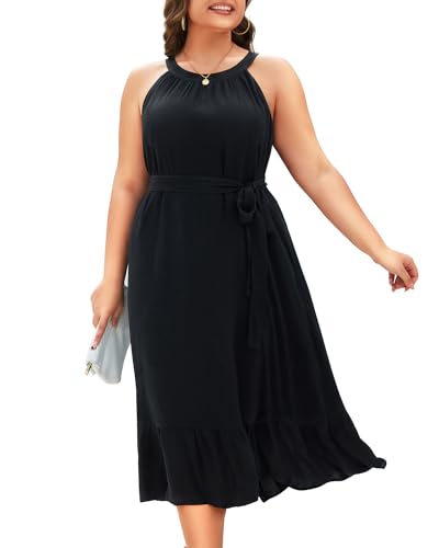 Damen Sommer Casual Neckholder Plus Size Ärmellos Midi Rückenfrei Flowy Gürtel Strand Sommerkleid, Schwarz, 52 Mehr von Pinup Fashion