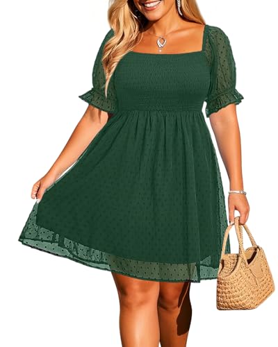 Damen-Sommerkleid, Übergröße, Puffärmel, quadratischer Ausschnitt, Chiffon, Schweizer Punkte, fließendes gesmoktes Kleid, Smaragdrün, 44 Mehr von Pinup Fashion