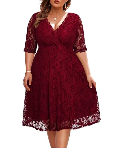 Damen Spitzenkleid V-Ausschnitt Übergröße Cocktailkleid Knielang Brautkleid Hochzeit Casual Party - Rot - 56 Mehr von Pinup Fashion