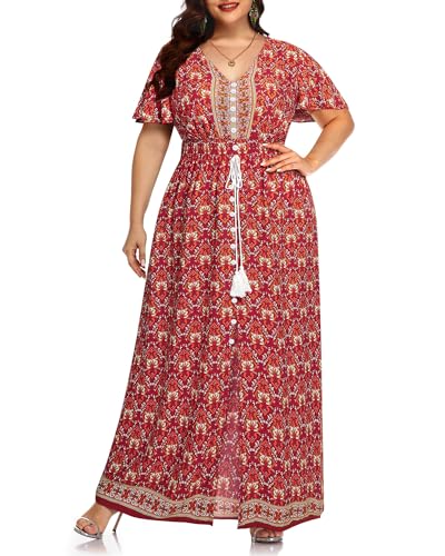 Damen Übergröße Blumendruck Knopfleiste Kurzarm Split Flowy Strand Party Maxi Kleid, Lychee Rot, 46 Mehr von Pinup Fashion