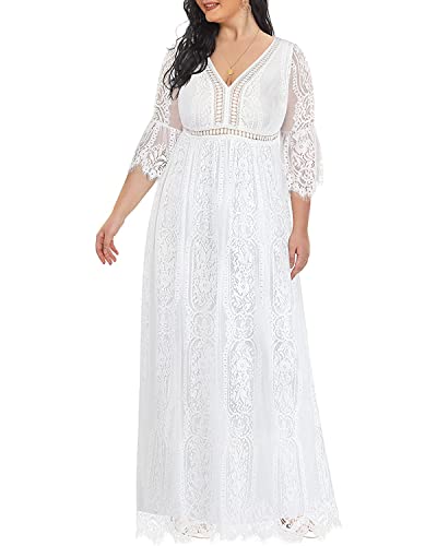 Damen Übergröße Boho Maxi Floral Spitze Bohemian Hochzeitskleid V Ausschnitt Flowy Lange Partykleider, Weiß, 52 Mehr von Pinup Fashion