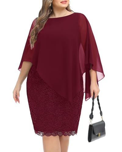 Damen Übergröße Cape Kleid mit Chiffon Overlay Bodycon Spitze Knielang Cocktailkleider, Burgunder, 44 Mehr von Pinup Fashion