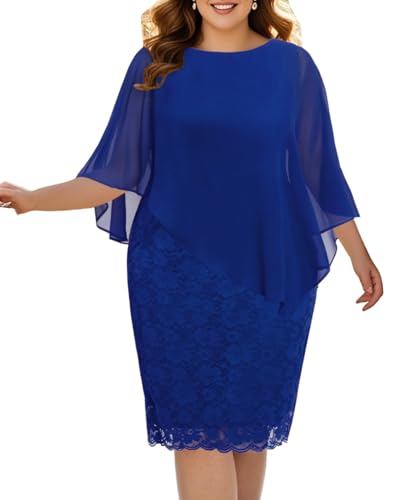 Pinup Fashion Damen Übergröße Cape-Kleid mit Chiffon-Overlay Hochzeitsgast Bodycon Spitzenkleider, Königsblau, 46 Mehr von Pinup Fashion