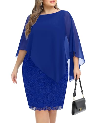 Damen Übergröße Cape Kleid mit Chiffon Overlay Bodycon Spitze Knielang Cocktailkleider, Königsblau, 48 Mehr von Pinup Fashion