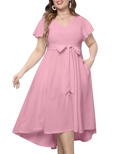 Damen Übergröße High Low Flatterärmel Hochzeit Gast Semi Formal Maxi Langes Kleid mit Taschen, Blush Pink, 46 Mehr von Pinup Fashion