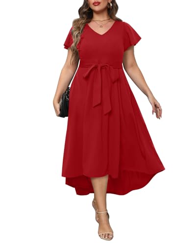 Damen Übergröße High Low Flatterärmel Hochzeit Gast Semi Formal Maxi Langes Kleid mit Taschen, Weinrot, 52 Mehr von Pinup Fashion