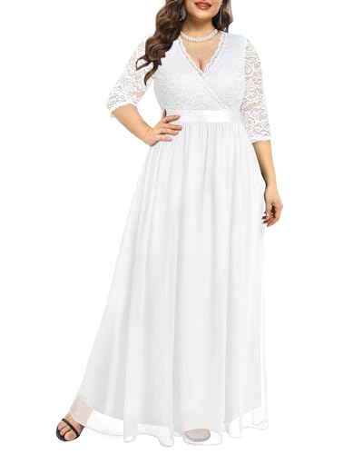 Damen Übergröße Spitze Chffon Lange Maxi 3/4 Ärmel V-Rücken Formelles Kleid, Weiß-Wrap, 50 Mehr von Pinup Fashion