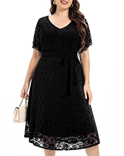 Frauen Plus Size Spitze Brautdusche Hochzeit Gast Cocktail Semi Formale V-Ausschnitt Kurzarm Midi Kleider, Schwarz (kurze Länge)., 46 Mehr von Pinup Fashion