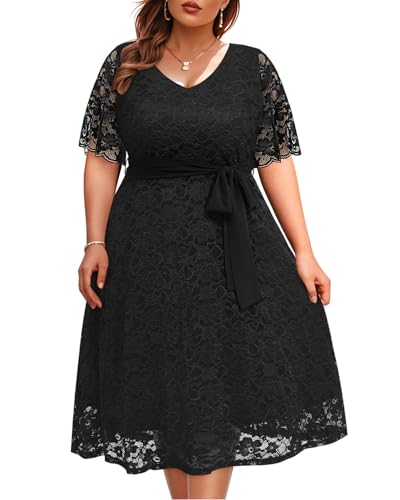 Frauen Plus Size Spitze Brautdusche Hochzeit Gast Cocktail Semi Formale V-Ausschnitt Kurzarm Midi Kleider, Schwarz (lang), 50 Mehr von Pinup Fashion