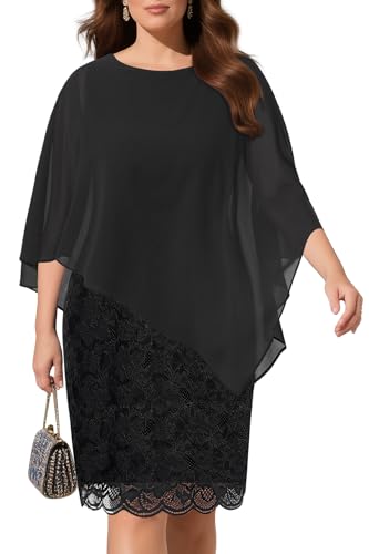 Kleider in Übergröße für Hochzeitsgäste – Mutter Braut halbformeller Spitzen-Umhang mit Chiffon-Overlay-Kleider, Schwarz, 46 Mehr von Pinup Fashion