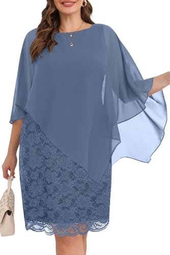Kleider in Übergröße für Hochzeitsgäste – Mutter Braut halbformeller Spitzen-Umhang mit Chiffon-Overlay-Kleider, dusty blue, 50 Mehr von Pinup Fashion