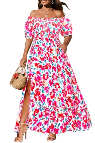 Maxi-Sommerkleider in Übergröße – Boho, lässig, schulterfrei, Blumenspitze, langes Kleid mit Taschen, Floral Rot, 50 Mehr von Pinup Fashion
