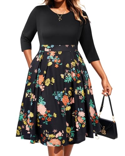 Pinup Fashion Arbeitskleider in Übergröße – halbformelle Passform und ausgestelltes Midikleid mit Taschen für Herbst Kirche Büro, Schwarz, floral, 52 Mehr von Pinup Fashion