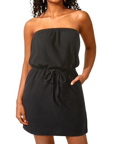 Pinup Fashion Badeanzug Cover Up Frottee trägerloses Kleid Kordelzug mit Taschen, Schwarz, Medium von Pinup Fashion