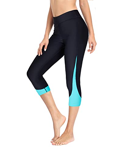 Pinup Fashion Damen-Badehose, hohe Taille, UV-Rashguard, Sport-Caprihose, Badeanzug, Schwimmleggings, schwarz / blau, Medium von Pinup Fashion