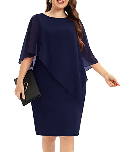 Pinup Fashion Damen Cape Kleid mit Chiffon Overlay Ärmellos Rundhals Bodycon Bleistiftkleid, marineblau, 52 Mehr von Pinup Fashion