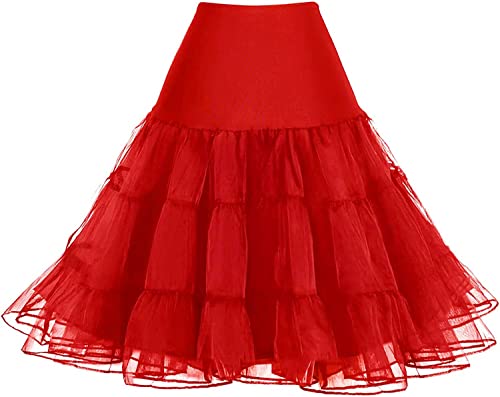 Pinup Fashion Damen Elastische Taille Petticoat Puffy Tutu Tüll Rock Unterrock Party Vintage Kleid Kostüm Cosplay, Rot/Ausflug, einfarbig (Getaway Solids), 46-48 Große Größen von Pinup Fashion