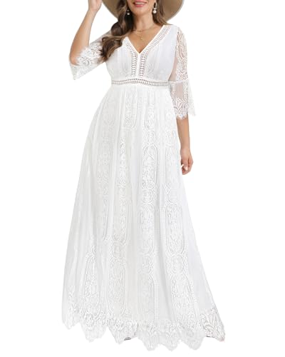 Pinup Fashion Damen Plus Size Boho Maxi Floral Spitze Bohemian Brautkleid V Ausschnitt Flowy Lange Party Kleider, Weiss/opulenter Garten, 50 Mehr von Pinup Fashion