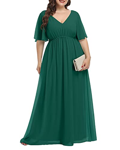 Pinup Fashion Damen Plus Size Chiffon Doppelter V-Ausschnitt Empire Taille Ballkleider für Abend Party Formal Maxikleid, Green, 52 Mehr von Pinup Fashion