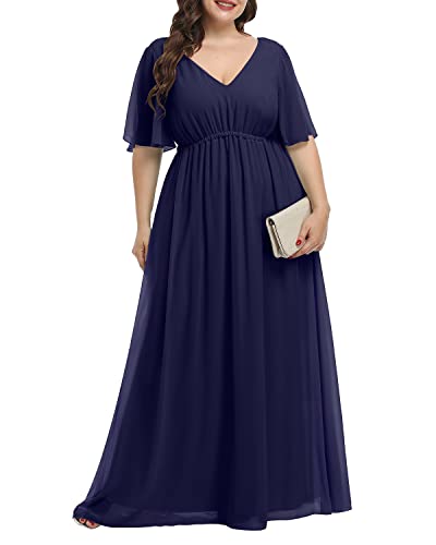 Pinup Fashion Damen Plus Size Chiffon Doppelter V-Ausschnitt Empire Taille Ballkleider für Abend Party Formal Maxikleid, Marineblau, 50 Mehr von Pinup Fashion