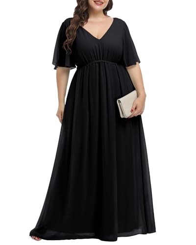 Pinup Fashion Damen Plus Size Chiffon Doppelter V-Ausschnitt Empire Taille Ballkleider für Abend Party Formal Maxikleid, Schwarz, 46 Mehr von Pinup Fashion