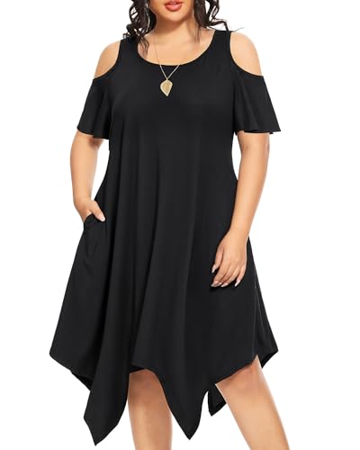 Pinup Fashion Damen Plus Size Cold Shoulder Kleid Sundress Casual T-Shirt Swing Rüschenärmel Kleid mit Taschen, schwarz, 52 Mehr von Pinup Fashion