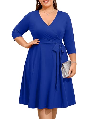 Pinup Fashion Damen Plus Size Faux Wrap V Ausschnitt 3/4 Ärmel Fit and Flare Hochzeit Gast Casual Party Midi Kleid, Loyal Blue, 52 Mehr von Pinup Fashion