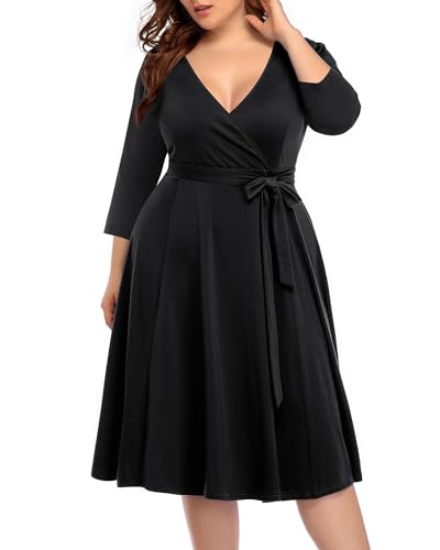 Pinup Fashion Damen Plus Size Faux Wrap V Ausschnitt 3/4 Ärmel Fit and Flare Hochzeit Gast Casual Party Midi Kleid, Schwarz, 44 Mehr von Pinup Fashion