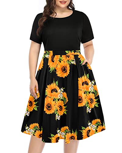 Pinup Fashion Damen Plus Size Midi Kleider Rundhals Sommer Casual Party Swing Kleid mit Taschen, sonnenblume, 50 Mehr von Pinup Fashion