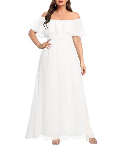 Pinup Fashion Damen Plus Size Off Shoulder Chiffon Rüschen Formal Party Strand Maxi Kleid, Weiß, 52 Mehr von Pinup Fashion