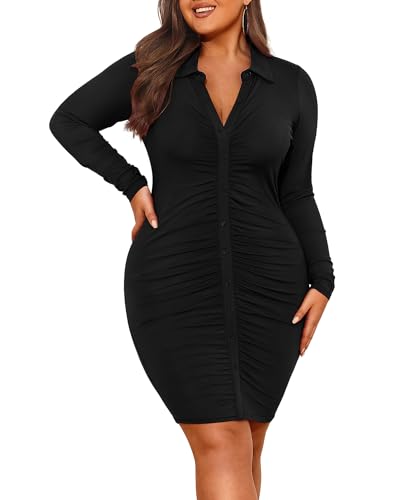 Pinup Fashion Damen Plus Size Sexy Langarm Geraffte Bodycon Knopfleiste vorne Kurzes Shirt Club Party Date Kleid, Schwarz, 50 Mehr von Pinup Fashion