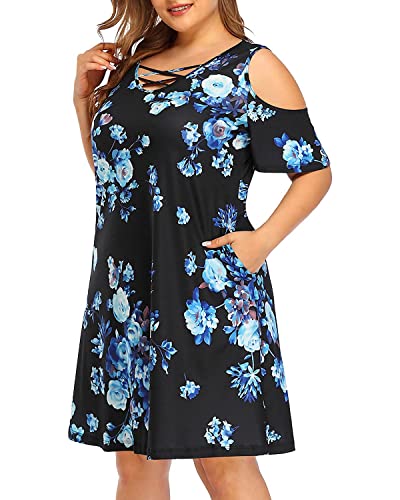 Pinup Fashion Damen Plus Size Sonnenkleid Cold Shoulder Casual T-Shirt Knielang Sommerkleider mit Taschen, Blau floral, 50 Mehr Pinup Fashion Damen Plus Size Sonnenkleid Cold Shoulder Casual T-Shirt Knielang Sommerkleider mit Taschen, Blau floral, 50 Mehr von Pinup Fashion