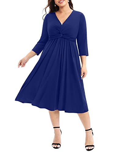 Pinup Fashion Damen Plus Size Twist Knot Front V Ausschnitt 3/4 Ärmel A-Linie Hochzeit Gäste Midi Kleid, Königsblau, 44 Mehr von Pinup Fashion