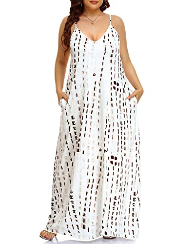 Pinup Fashion Damen Sommer Maxikleid Plus Size Ärmellos Spaghettiträger Strand Lange Kleider, Block Dot, 46 Mehr von Pinup Fashion