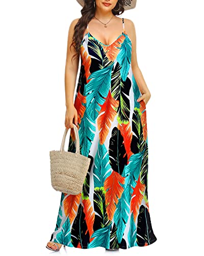 Pinup Fashion Damen Sommer Maxikleid Plus Size Ärmellos Spaghettiträger Strand Lange Kleider, Palmenblatt, 52 Mehr von Pinup Fashion