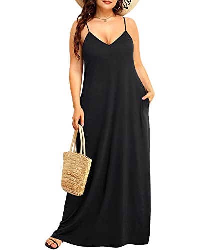 Pinup Fashion Damen Sommer Maxikleid Plus Size Ärmellos Spaghettiträger Strand Lange Kleider, Schwarz, 52 Mehr von Pinup Fashion