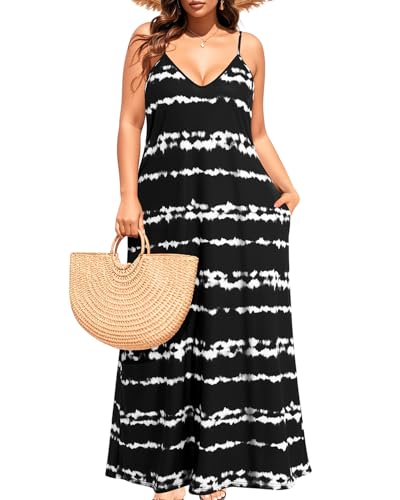 Pinup Fashion Damen Sommer Maxikleid Plus Size Ärmellos Spaghettiträger Strand Lange Kleider, Schwarz und Weiß gestreift, 52 Mehr von Pinup Fashion