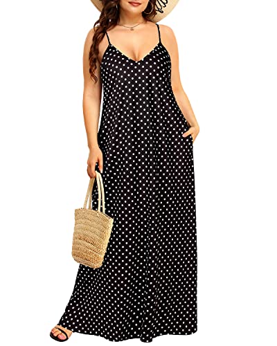 Pinup Fashion Damen Sommer Maxikleid Plus Size Ärmellos Spaghettiträger Strand Lange Kleider, Schwarze Punkte, 46 Mehr von Pinup Fashion